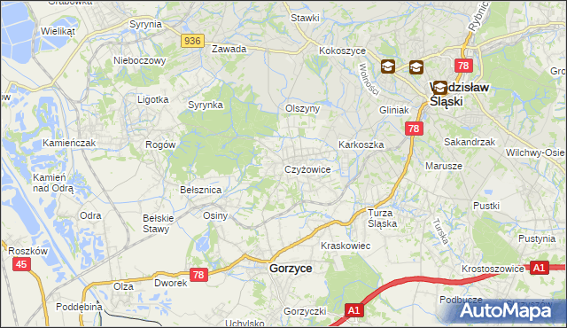 mapa Czyżowice gmina Gorzyce, Czyżowice gmina Gorzyce na mapie Targeo