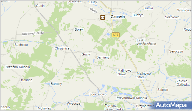 mapa Damiany gmina Czerwin, Damiany gmina Czerwin na mapie Targeo