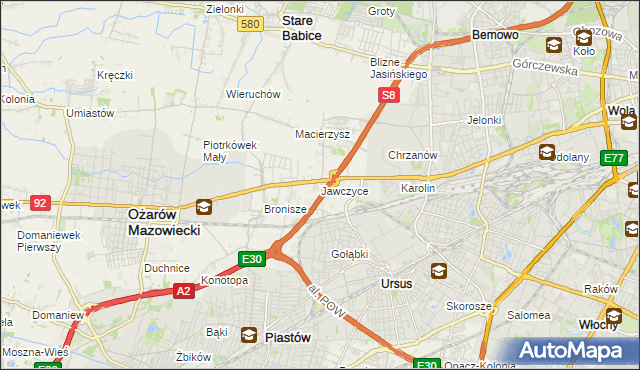 mapa Jawczyce gmina Ożarów Mazowiecki, Jawczyce gmina Ożarów Mazowiecki na mapie Targeo