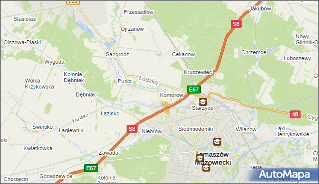 mapa Komorów gmina Tomaszów Mazowiecki, Komorów gmina Tomaszów Mazowiecki na mapie Targeo
