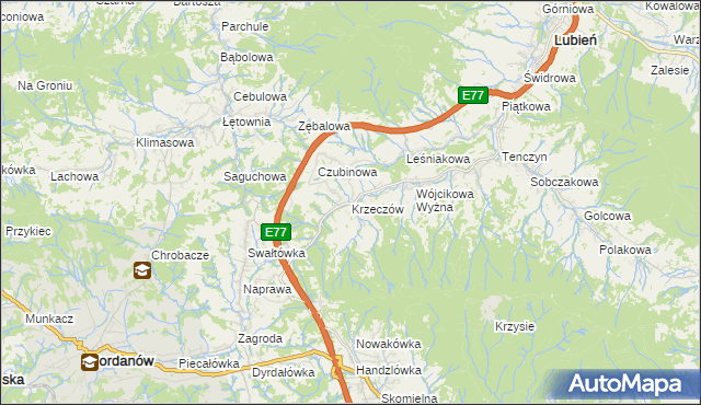 mapa Krzeczów gmina Lubień, Krzeczów gmina Lubień na mapie Targeo