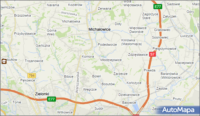 mapa Młodziejowice gmina Michałowice, Młodziejowice gmina Michałowice na mapie Targeo