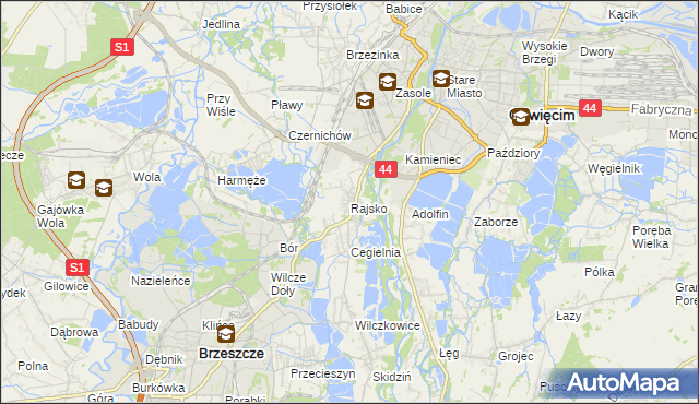 mapa Rajsko gmina Oświęcim, Rajsko gmina Oświęcim na mapie Targeo