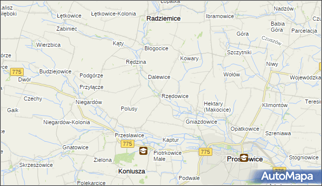 mapa Rzędowice gmina Koniusza, Rzędowice gmina Koniusza na mapie Targeo