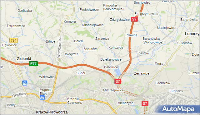 mapa Dziekanowice gmina Zielonki, Dziekanowice gmina Zielonki na mapie Targeo
