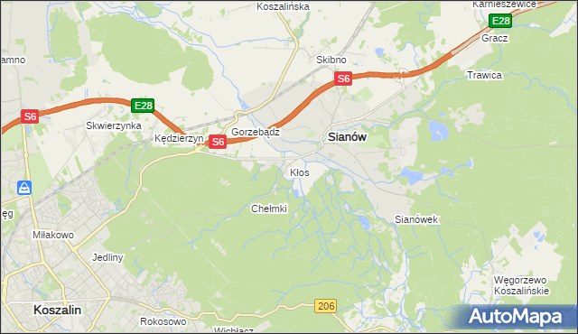 mapa Kłos gmina Sianów, Kłos gmina Sianów na mapie Targeo