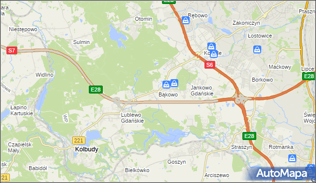 mapa Bąkowo gmina Kolbudy, Bąkowo gmina Kolbudy na mapie Targeo