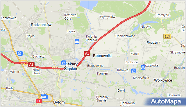 mapa Bobrowniki powiat będziński, Bobrowniki powiat będziński na mapie Targeo
