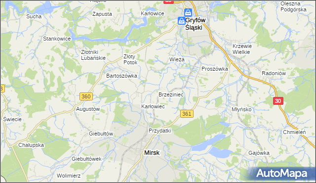 mapa Brzeziniec gmina Mirsk, Brzeziniec gmina Mirsk na mapie Targeo