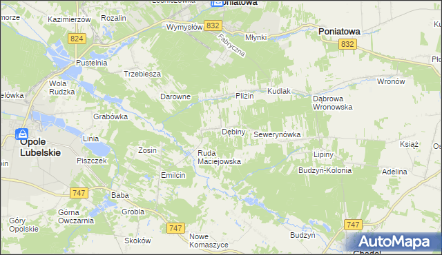 mapa Dębiny gmina Opole Lubelskie, Dębiny gmina Opole Lubelskie na mapie Targeo