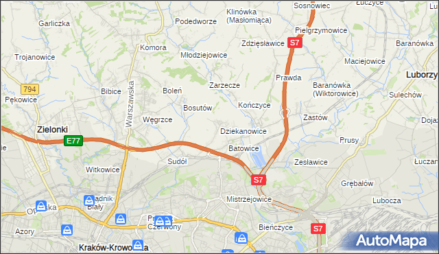 mapa Dziekanowice gmina Zielonki, Dziekanowice gmina Zielonki na mapie Targeo