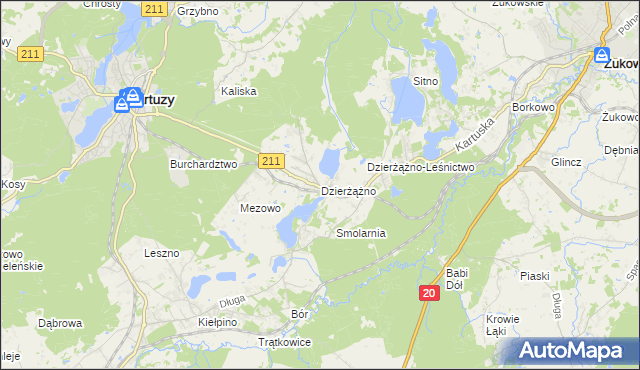 mapa Dzierżążno gmina Kartuzy, Dzierżążno gmina Kartuzy na mapie Targeo