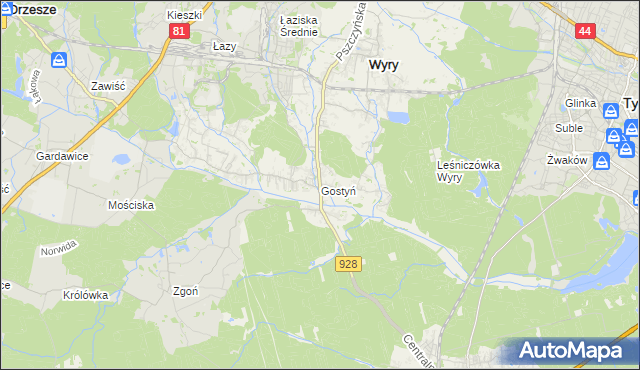 mapa Gostyń gmina Wyry, Gostyń gmina Wyry na mapie Targeo