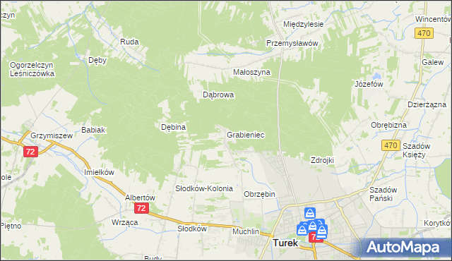 mapa Grabieniec gmina Turek, Grabieniec gmina Turek na mapie Targeo