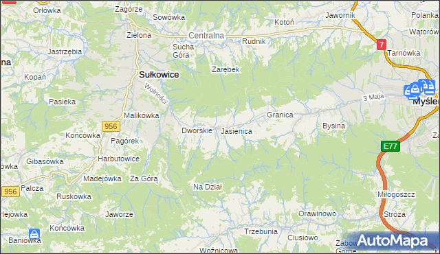 mapa Jasienica gmina Myślenice, Jasienica gmina Myślenice na mapie Targeo