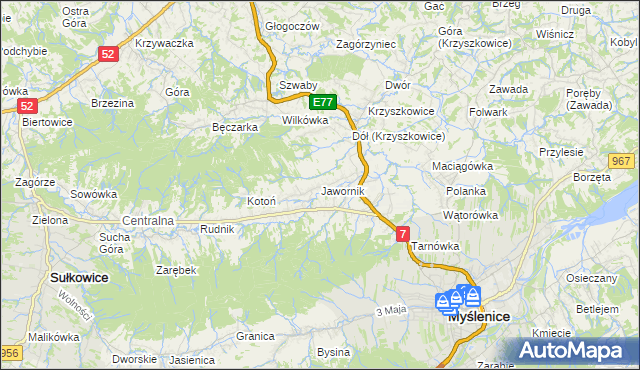 mapa Jawornik gmina Myślenice, Jawornik gmina Myślenice na mapie Targeo
