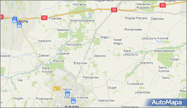 mapa Jeziorko gmina Koluszki, Jeziorko gmina Koluszki na mapie Targeo