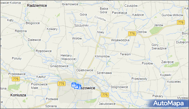 mapa Klimontów gmina Proszowice, Klimontów gmina Proszowice na mapie Targeo