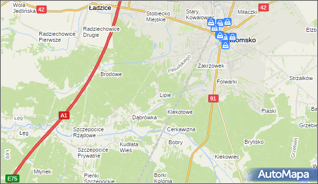 mapa Lipie gmina Radomsko, Lipie gmina Radomsko na mapie Targeo