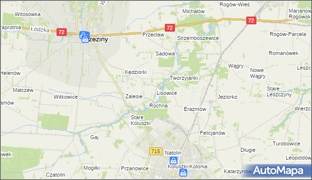 mapa Lisowice gmina Koluszki, Lisowice gmina Koluszki na mapie Targeo