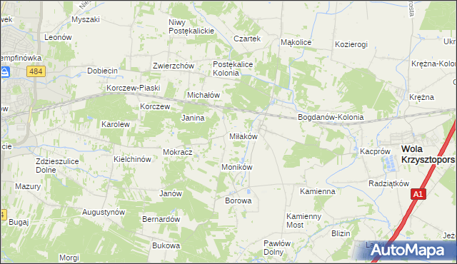 mapa Miłaków gmina Wola Krzysztoporska, Miłaków gmina Wola Krzysztoporska na mapie Targeo