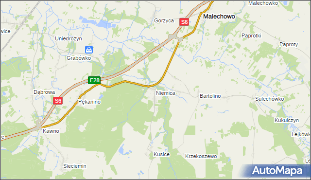 mapa Niemica gmina Malechowo, Niemica gmina Malechowo na mapie Targeo