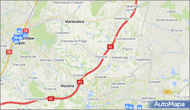mapa Połomia gmina Mszana, Połomia gmina Mszana na mapie Targeo