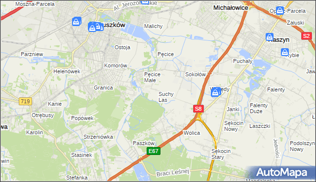 mapa Suchy Las gmina Michałowice, Suchy Las gmina Michałowice na mapie Targeo