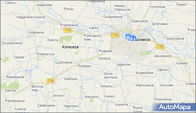 mapa Szklana gmina Proszowice, Szklana gmina Proszowice na mapie Targeo