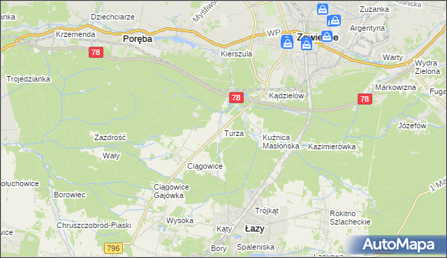 mapa Turza gmina Łazy, Turza gmina Łazy na mapie Targeo