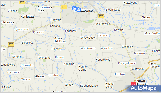 mapa Więckowice gmina Proszowice, Więckowice gmina Proszowice na mapie Targeo