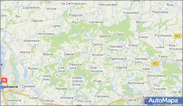 mapa Wysoka gmina Wadowice, Wysoka gmina Wadowice na mapie Targeo