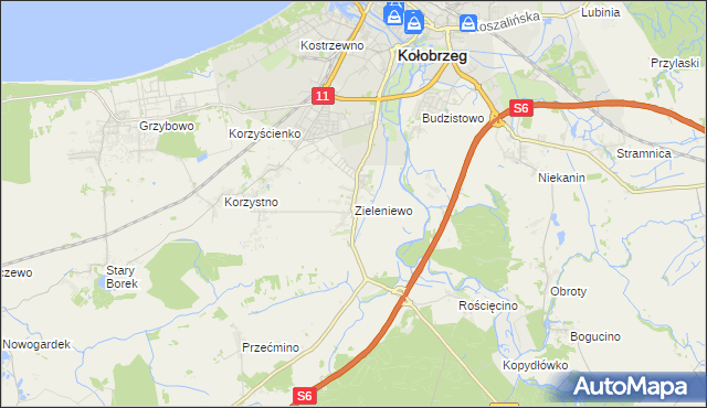 mapa Zieleniewo gmina Kołobrzeg, Zieleniewo gmina Kołobrzeg na mapie Targeo