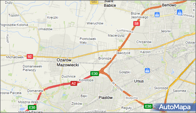 mapa Bronisze gmina Ożarów Mazowiecki, Bronisze gmina Ożarów Mazowiecki na mapie Targeo