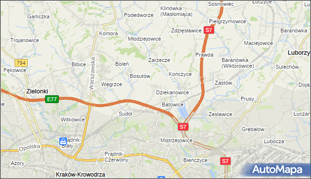 mapa Dziekanowice gmina Zielonki, Dziekanowice gmina Zielonki na mapie Targeo