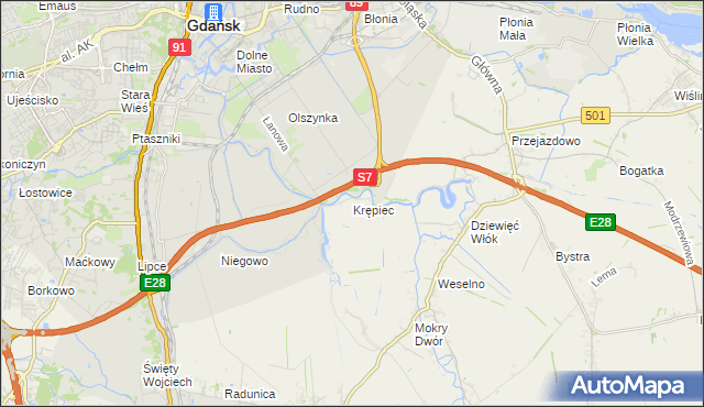 mapa Krępiec gmina Pruszcz Gdański, Krępiec gmina Pruszcz Gdański na mapie Targeo