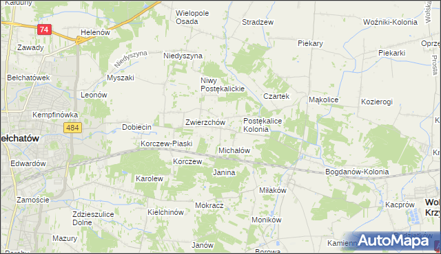mapa Postękalice, Postękalice na mapie Targeo