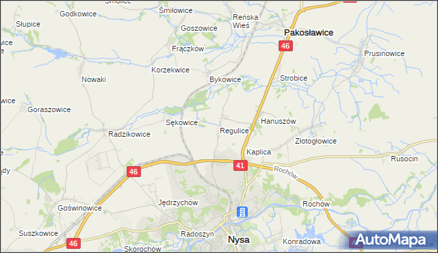 mapa Regulice gmina Nysa, Regulice gmina Nysa na mapie Targeo