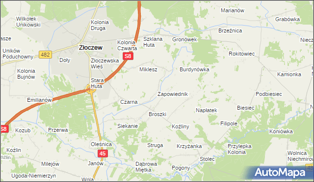 mapa Zapowiednik gmina Złoczew, Zapowiednik gmina Złoczew na mapie Targeo