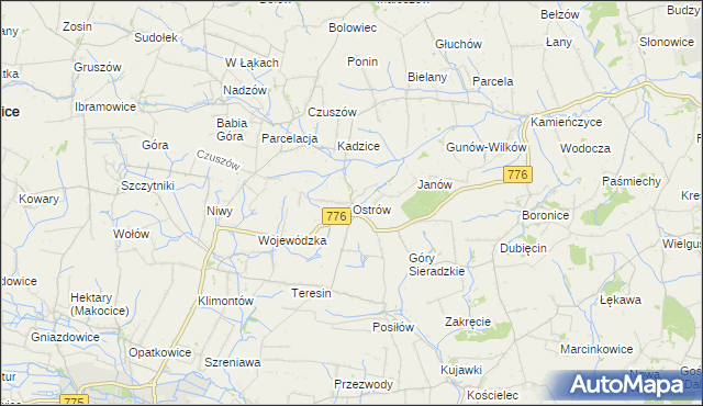 mapa Ostrów gmina Proszowice, Ostrów gmina Proszowice na mapie Targeo