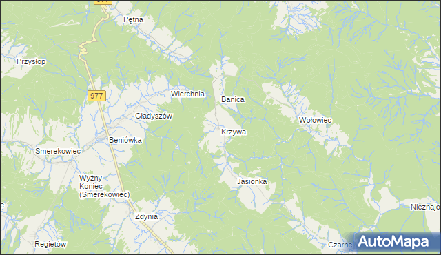 mapa Krzywa gmina Sękowa, Krzywa gmina Sękowa na mapie Targeo