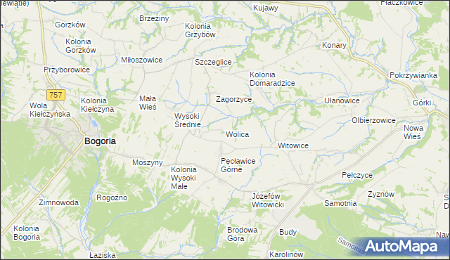 mapa Wolica gmina Bogoria, Wolica gmina Bogoria na mapie Targeo