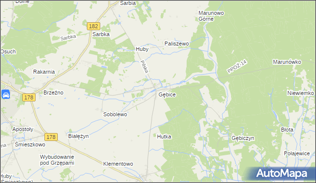 mapa Gębice gmina Czarnków, Gębice gmina Czarnków na mapie Targeo