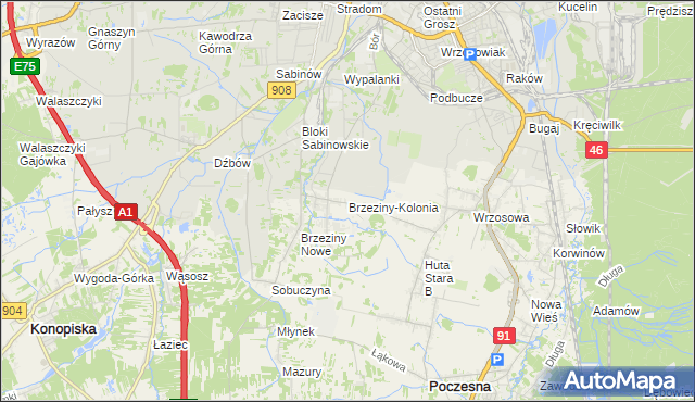 mapa Brzeziny-Kolonia, Brzeziny-Kolonia na mapie Targeo