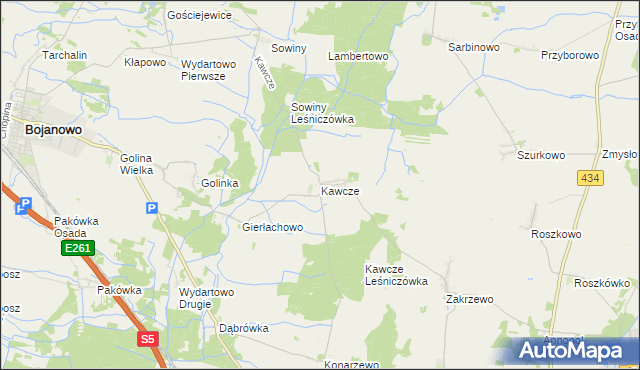 mapa Kawcze gmina Bojanowo, Kawcze gmina Bojanowo na mapie Targeo