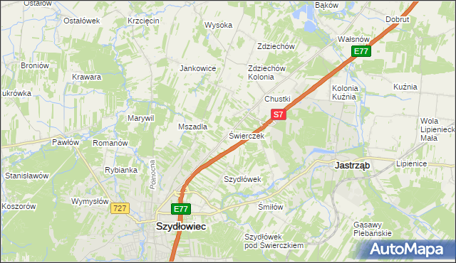 mapa Świerczek gmina Szydłowiec, Świerczek gmina Szydłowiec na mapie Targeo