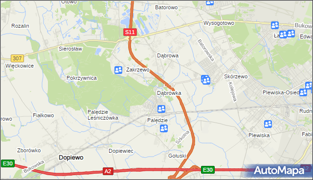 mapa Dąbrówka gmina Dopiewo, Dąbrówka gmina Dopiewo na mapie Targeo