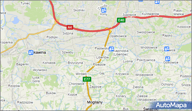 mapa Libertów gmina Mogilany, Libertów gmina Mogilany na mapie Targeo