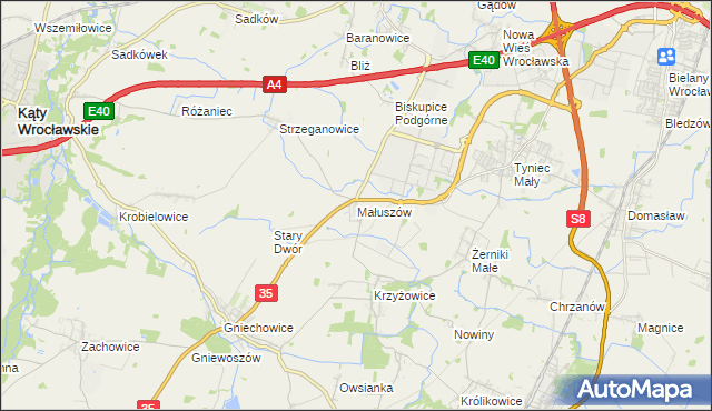 mapa Małuszów gmina Kobierzyce, Małuszów gmina Kobierzyce na mapie Targeo