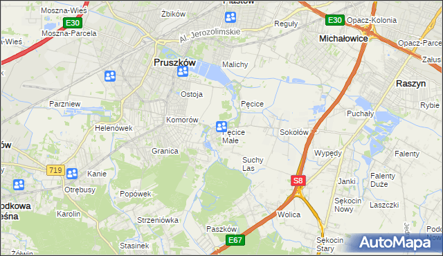 mapa Pęcice Małe, Pęcice Małe na mapie Targeo